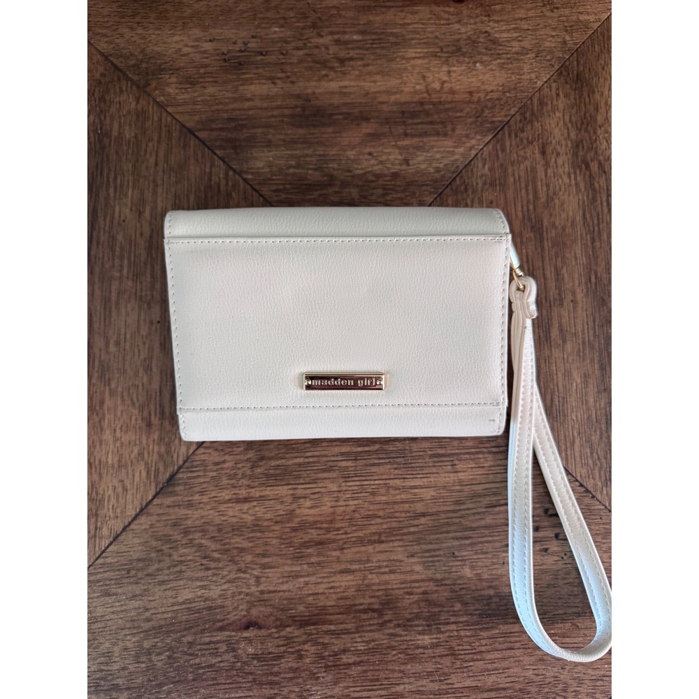 Madden Girl Cream Faux Leather Bow Wristlet Wallet Cream Gold Tone Logo